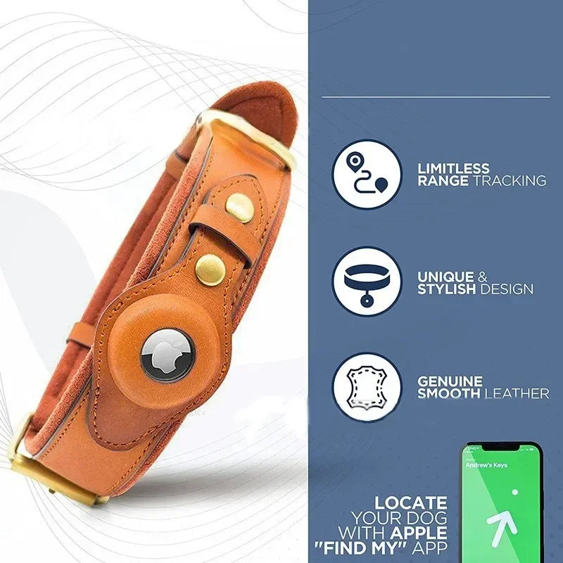 Genuine Leather AirTag Dog Collar – Anti-Loss & Durable