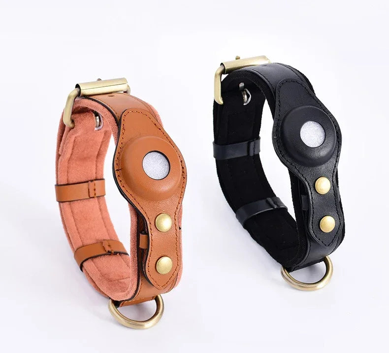 Genuine Leather AirTag Dog Collar – Anti-Loss & Durable