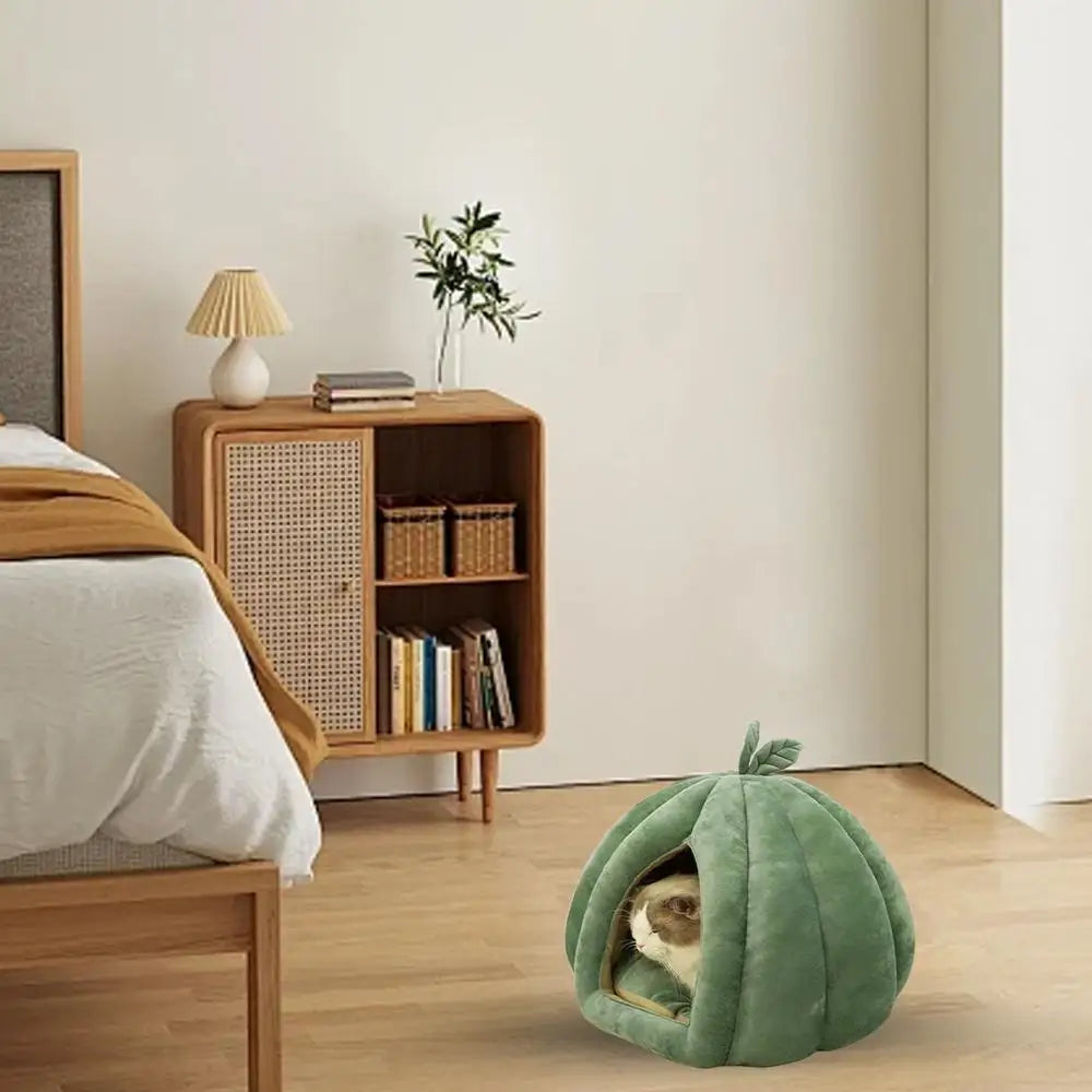 CozyNest Pumpkin Cat Bed for Deep Sleep and Winter Warmth