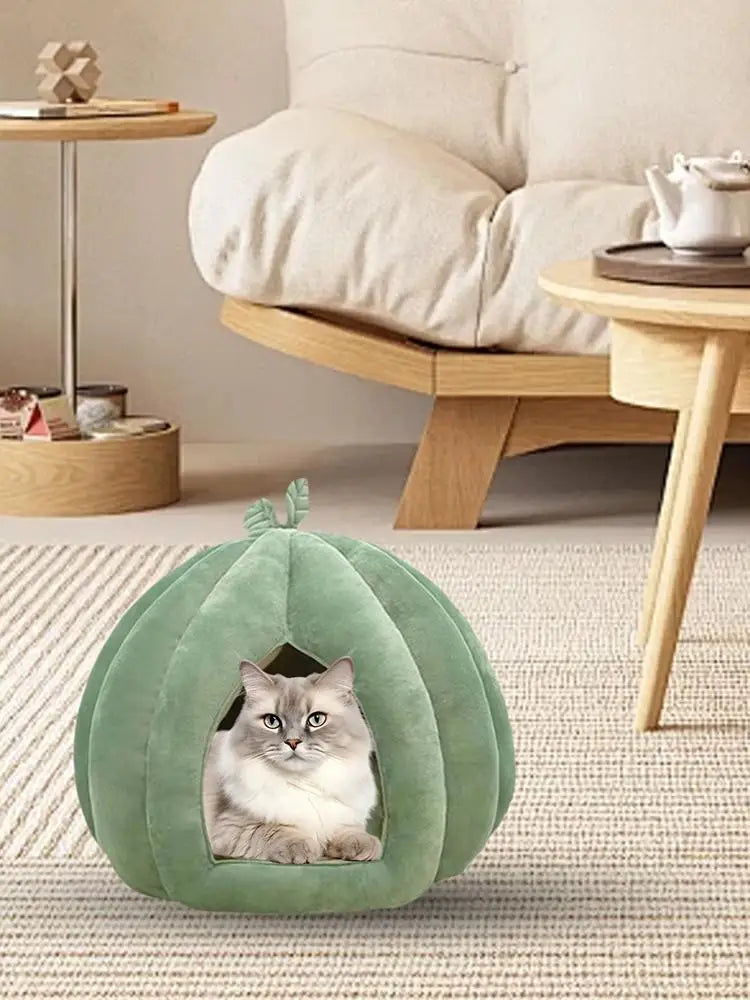 CozyNest Pumpkin Cat Bed for Deep Sleep and Winter Warmth
