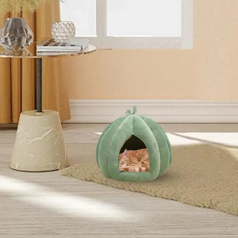 CozyNest Pumpkin Cat Bed for Deep Sleep and Winter Warmth