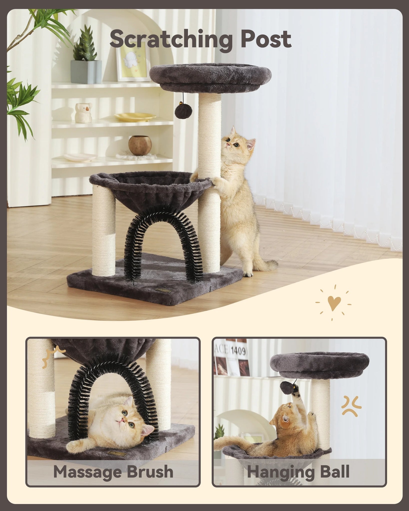 CozyPaws Multi-Level Cat Tower with Scratching Posts and Plush Basket