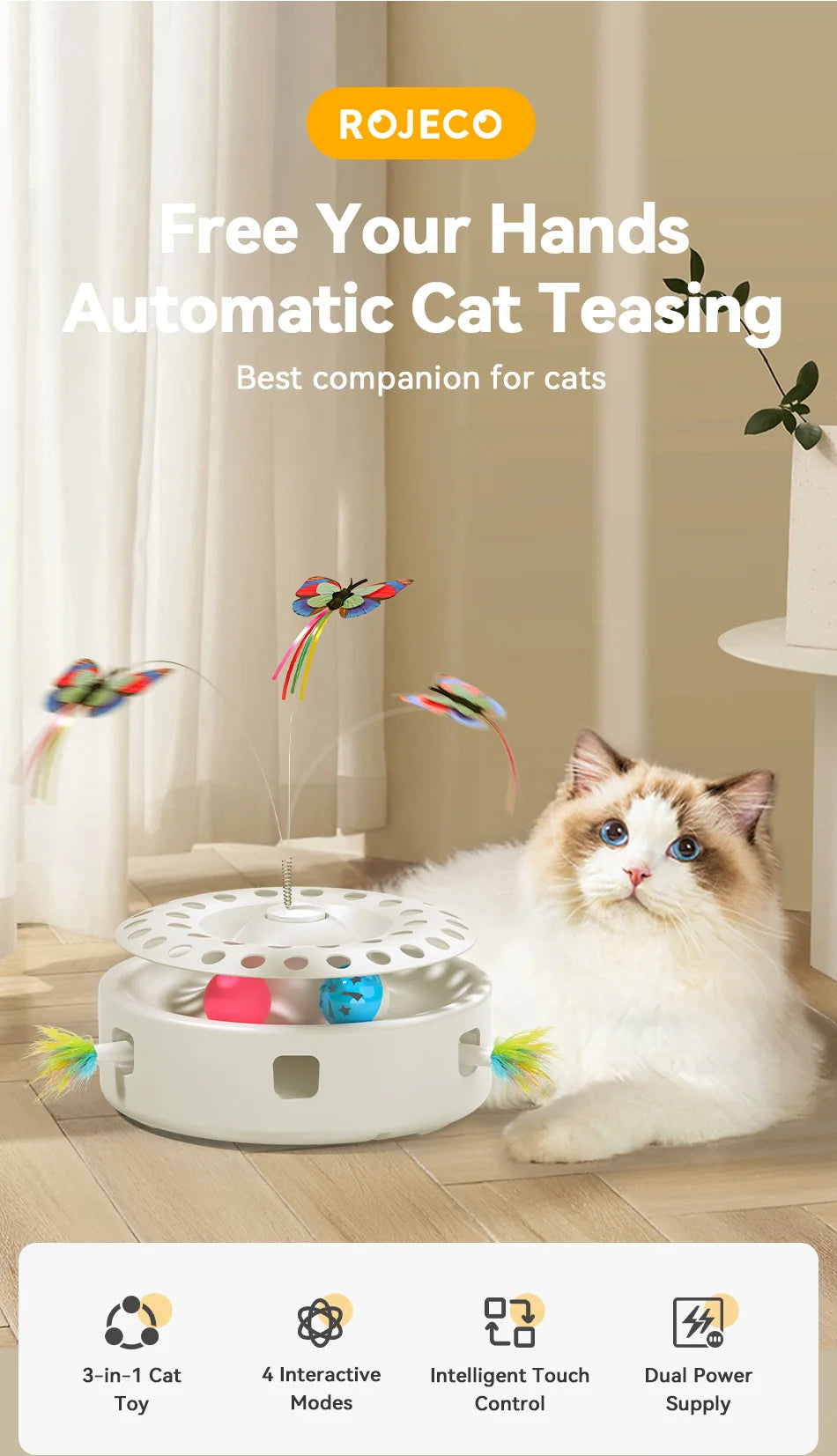ROJECO 3-in-1 Smart Cat Toy Set with Butterfly, Balls, and Feather