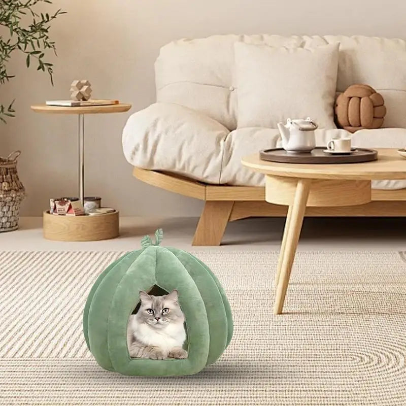 CozyNest Pumpkin Cat Bed for Deep Sleep and Winter Warmth