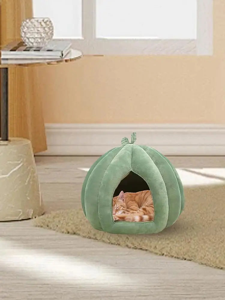 CozyNest Pumpkin Cat Bed for Deep Sleep and Winter Warmth