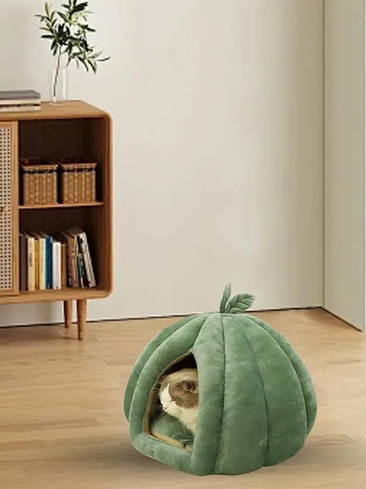 CozyNest Pumpkin Cat Bed for Deep Sleep and Winter Warmth